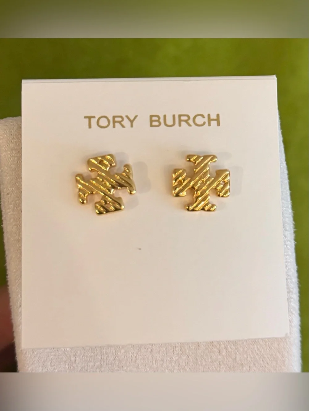 Tory Burch Textured Gold Logo Stud Earrings